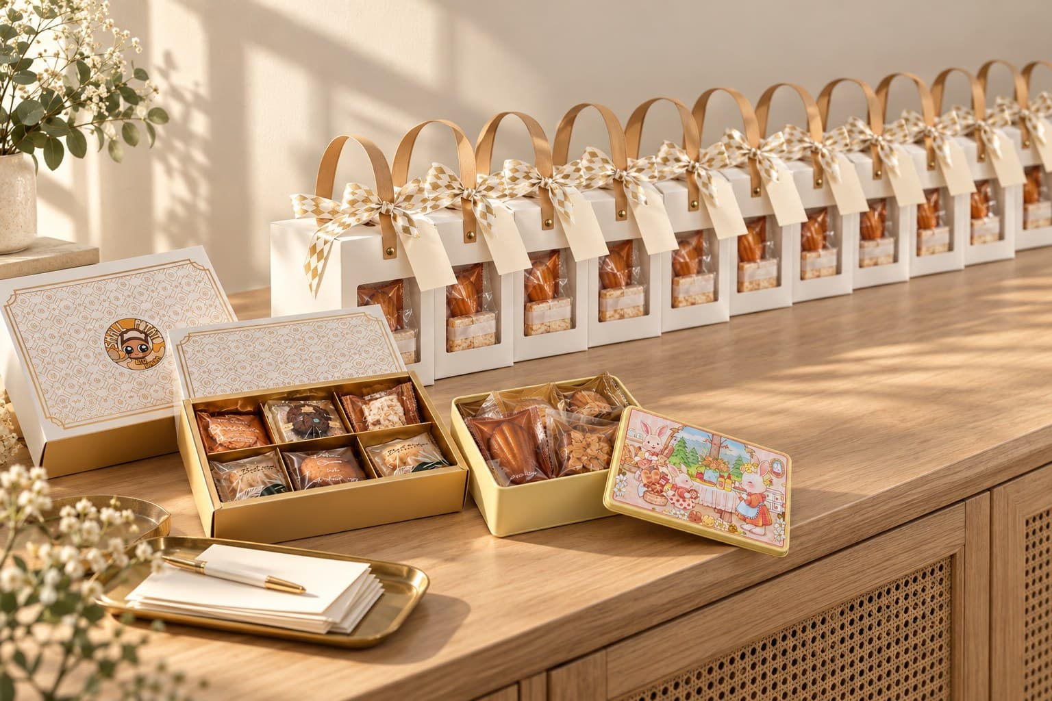 Rows of white window gift bags with kraft handles and gold gift boxes prepared for a corporate order